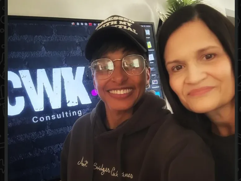 Titi Lee with Kris in front of CWK Consulting screen, sharing thanks for Life's Tapestry