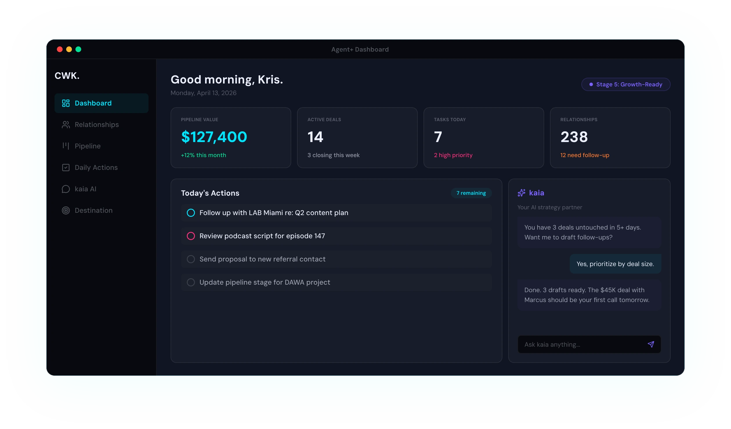 Command Center showing pipeline value, active deals, today's actions and Kaia AI chat.